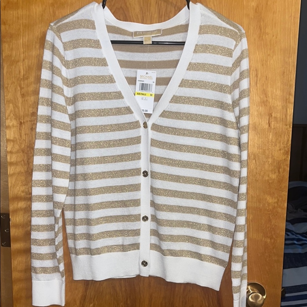 Michael Kors Gold and White Striped Cardigan Sweater